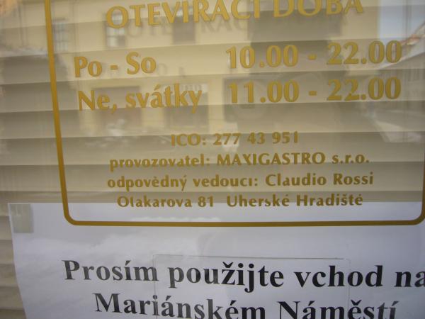 Otevírací doba pizzerie hotelu Maxim