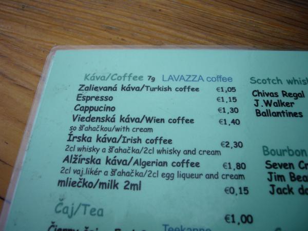 Nabídka nápojů z kávy