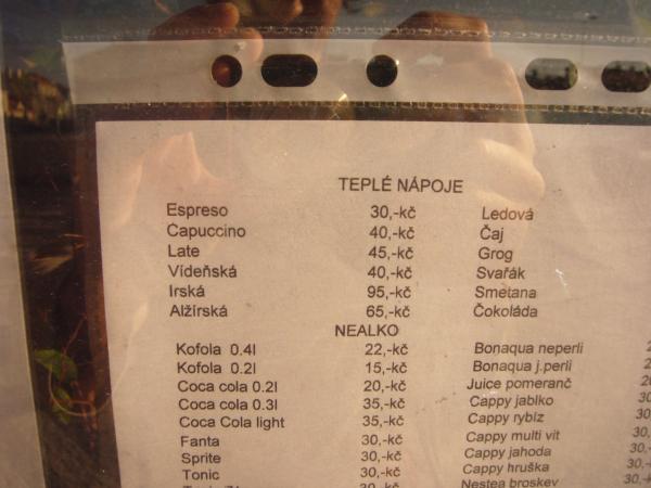 Nabídka teplých nápojů Steak Restaurantu U Štiky