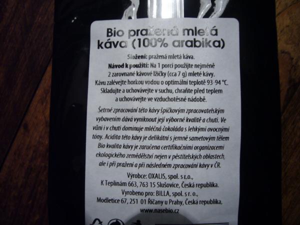 Naše Bio - Plantážní káva 100% arabika - pražená mletá 200g - cz text